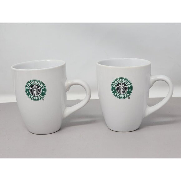 Starbucks‎ Coffee White Ceramic Mugs Set Of 2 With Green Logo 12 Oz Capacity - Picture 1 of 9